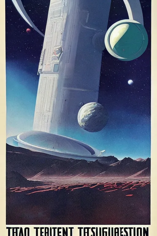 Prompt: 7 0 s travel poster for an extraterrestrial system destination, james gurney