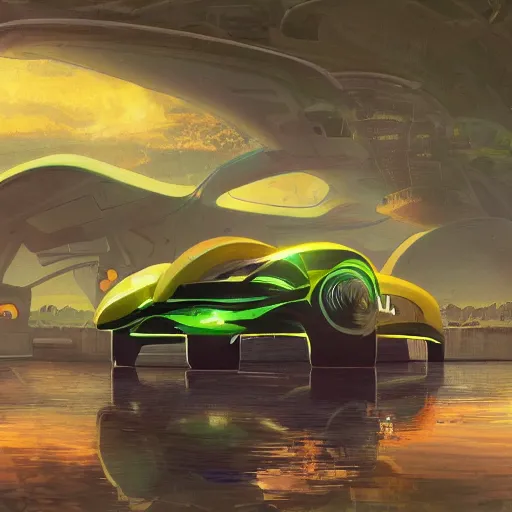 Image similar to solarpunk hovercar, clean energy, green technology, batoidea shape, airspace, sunny day, futurism, intricate, engines, glow, highly detailed, peaceful, utopia, bright, digital painting, artstation, concept art, smooth, sharp focus, epic landscape, art by akihiko yoshida and tim mcburnie and anato finnstark