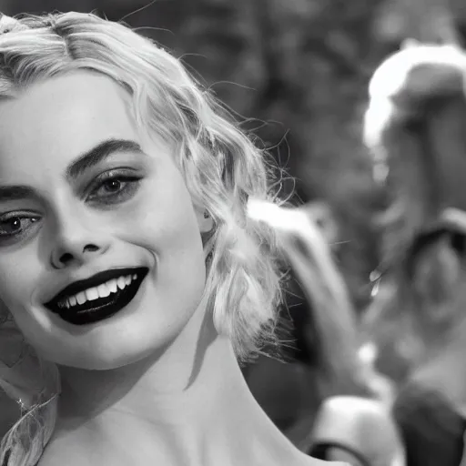 Image similar to a beautiful medium - shot of margot robbie as harley quinn looking for into the distance, psychopath face, beautiful backlight, focus on her face, bokeh, by terry richardson