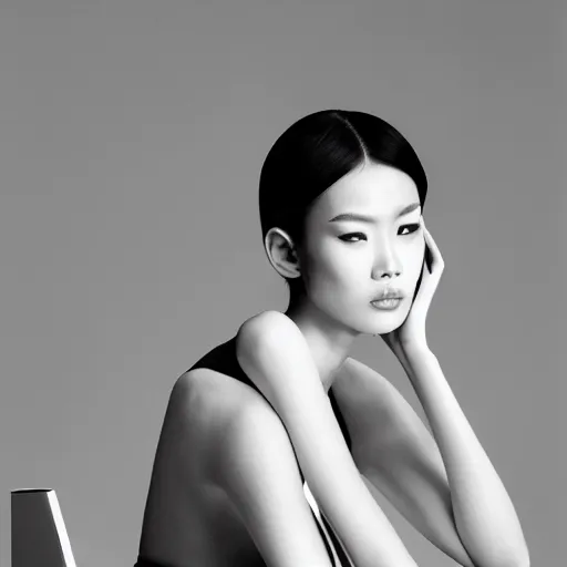 Image similar to close up of face of asian female fashion model, sitting on chair, official jil sander editorial, highly detailed