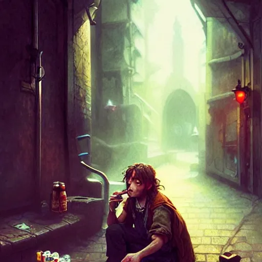 Image similar to Drug addict hobbit smoking in a dark alley, ultra realistic, concept art, intricate details, dark, highly detailed, photorealistic, octane render, 8k, unreal engine, art by artgerm and greg rutkowski and alphonse mucha