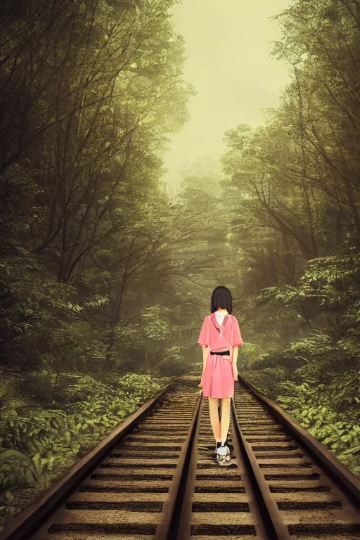 Image similar to Standing Japan girl looking and waiting to the old train heading the station with cat sitting on her right, dense creepy forest, overgrown rails, 50mm photo, highly detailed, hyper realistic, matte painting, 4k, 8k resolution, trending on artstation, octane render, unreal engine, cinematic