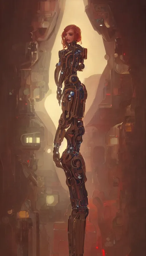 Image similar to portrait of christina hendricks as a robot, cyberpunk machine, machine face, robed, upper half portrait, decorated, intricate intense elegant highly detailed digital painting artstation concept art smooth sharp focus illustration, art by artgerm and greg rutkowski alphonse mucha 8 k