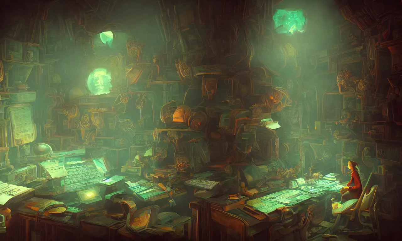 Image similar to workstations, kerberos realm, faked ticket close up, wizard reading a directory, nordic forest colors, 3 d art, digital illustration, perfect lighting