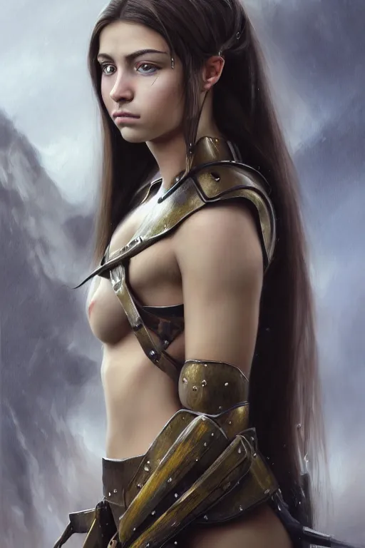 Prompt: a photorealistically painted portrait of an attractive young girl, partially clothed in military battle armor, with an abstractly painted background, flawless olive skin, fair complexion, long dark hair, beautiful bone structure, perfectly symmetric facial features, perfect photorealistic eyes, natural physique, intricate, elegant, digital painting, concept art, finely detailed, beautifully illustrated, sharp focus, minimal artifacts, volumetric lighting, from Halo, by Ruan Jia and Mandy Jurgens and Artgerm and William-Adolphe Bouguerea, in the style of Greg Rutkowski, trending on Artstation, award winning art