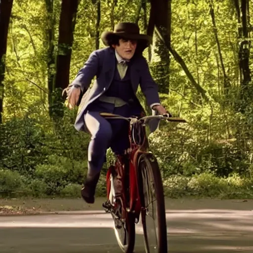 Prompt: film still of The Fourth Doctor riding a bike in new Doctor who movie, 4k