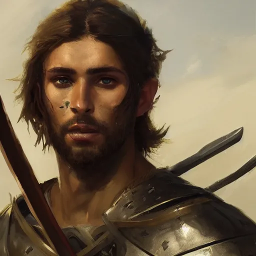 Prompt: masterpiece closeup portrait of a warrior with hazel eyes and brown hair in his twenties with his sword raised by Greg Rutkowski, 4k, masterpiece, cinematic