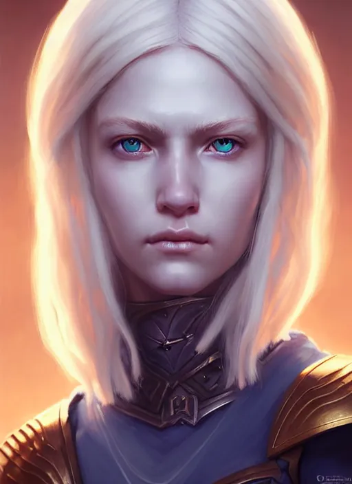 Image similar to a fantasy style portrait painting of shy white female paladin with blonde hair and blue eyes shy, scar under left eye, holy oil painting unreal 5 daz. rpg portrait extremely detailed artgerm greg rutkowski _ greg