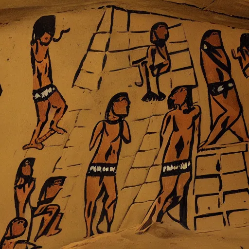 Image similar to cave painting of aliens building the pyramids