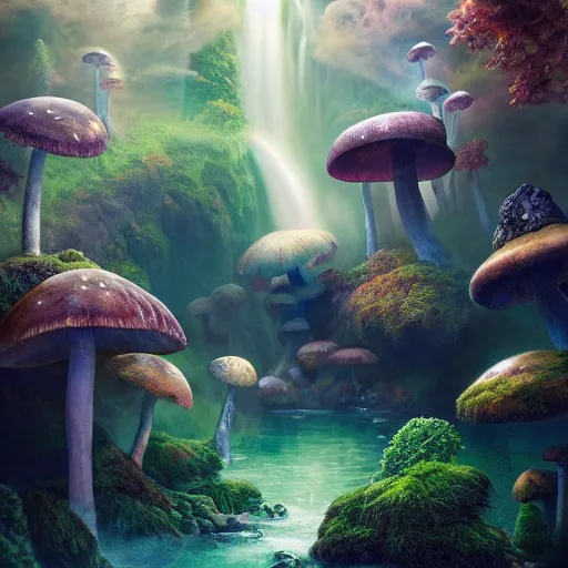 Prompt: tom bagshaw, soft painting render curiosities pond vegetation rocks gigantic mushrooms covered moss scintillating flying bioluminescent wisps, beautiful miniature silhouettes waterfall rainbow wildlife, accurate features, focus, very intricate ultrafine details, random volumetric lighting, fog, award winning masterpiece, octane render 8 k hd, artstation