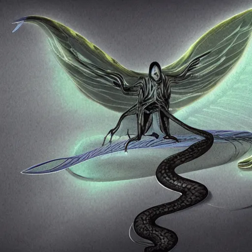 Prompt: an amalgamation of a snake, lizard, humanoid with one angelic wing and one demonic wing