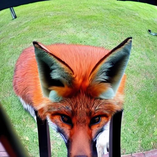 Image similar to an extremely zoomed out fish-eye view of a fox sitting on a chair