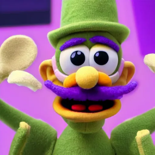 Image similar to A still of Waluigi reimagined as a Muppet, photorealistic