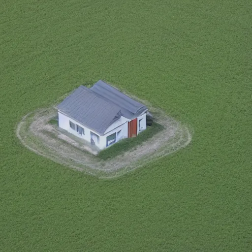 Image similar to liminal space photo of a house in the middle of a field during midday, house in the center of the photo