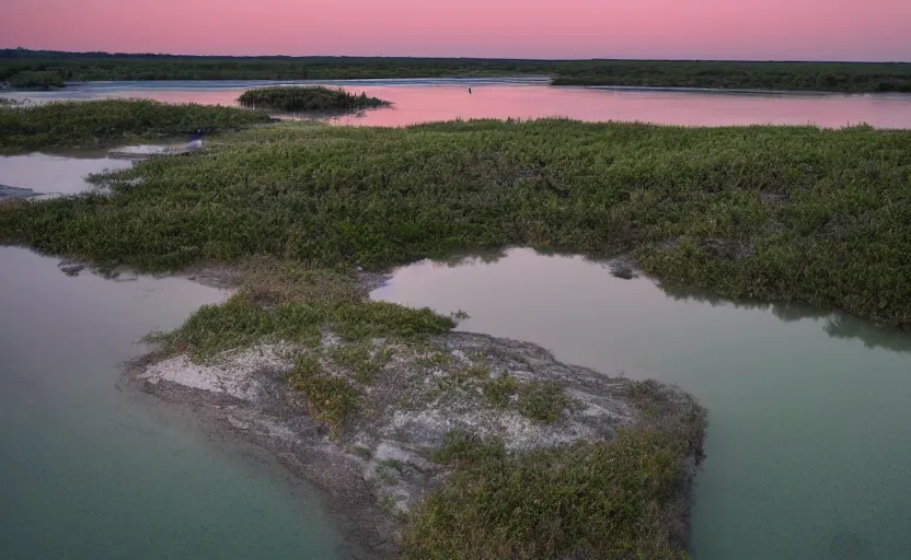 Prompt: wide picture at sunset of bathtub island at katherine's cove