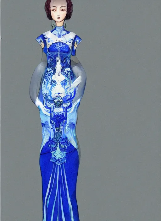 Prompt: blue qipao dress, fantasy illustration, concept art, dress design by alexander mcqueen