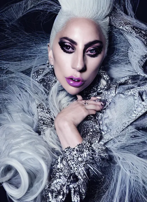 Prompt: lady gaga photohoot styled by nick knight posing ,studio lighting, majestic style , vogue magazine, Highly realistic. High resolution. Highly detailed. Dramatic. 8k.4k.