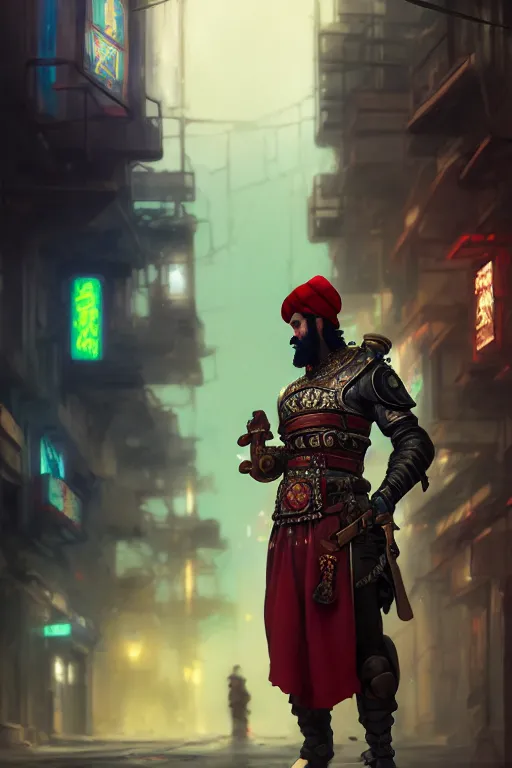 Image similar to a turkish janissary standing on a cyberpunk street, full body, extremely detailed digital painting, in the style of fenghua zhong and ruan jia and jeremy lipking and peter mohrbacher, mystical colors, rim light, beautiful lighting, 8 k, stunning scene, raytracing, octane, trending on artstation