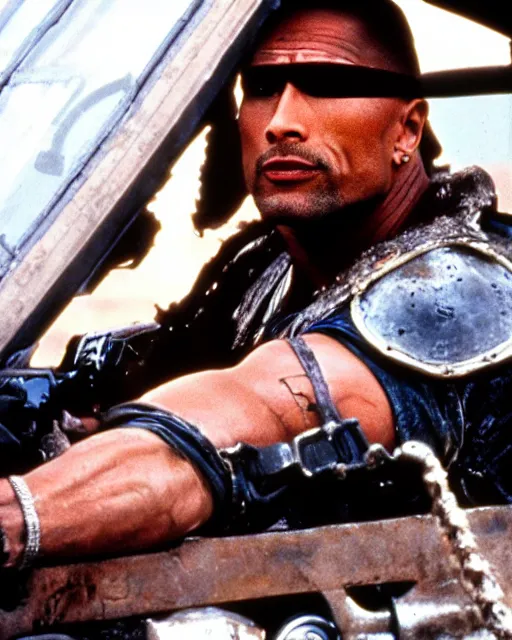 Image similar to film still close up shot of dwayne johnson as max rockatansky in the movie mad max 2 the road warrior. photographic, photography