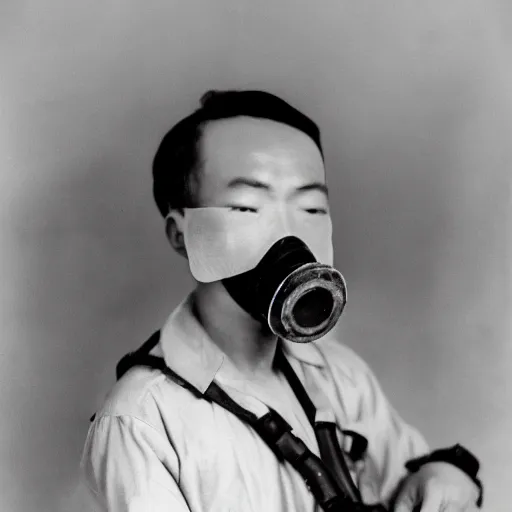 Prompt: 8 k uhd portrait from asian guy wear gas mask in 1 9 4 5, uhd details, national geography winning photo contest