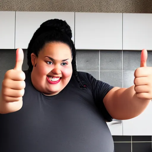 Image similar to fat woman with black long ponytail giving a thumbs up, selfie in the kitchen