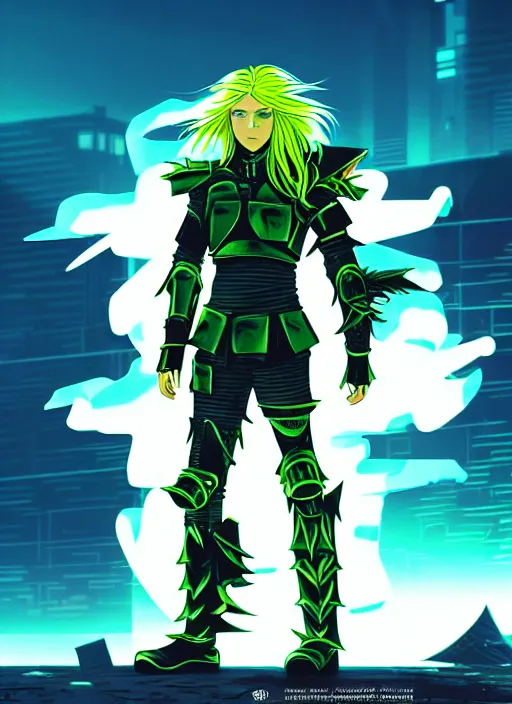 Image similar to a striking cinematic full body manga portrait of a male warrior with long blonde hair and blue eyes wearing evil green spiked cyberpunk armour and standing in the desolate burning ruins of a futuristic city by hirohiko araki and beeple, fine details, digital art, character concept art, volumetric lighting, cinematic light, photorealistic