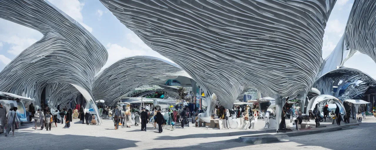 Prompt: futuristic village marketplace, by zaha hadid, in a village street, depth of field, XF IQ4, 150MP, 50mm, F1.4, ISO 200, 1/160s, natural light