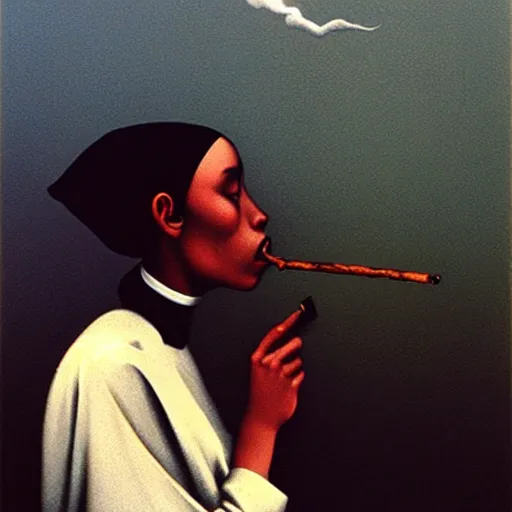 Image similar to a young black nun smoking and puffing lots of smoke, minimalistic background, by Beksinski