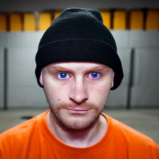 Image similar to close-up a 25 year old man wearing a black winter hat and a orange jail inmate tshirt, inside a underground facility, blue eyes, hideous, side lighting