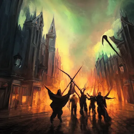 Prompt: A photo of a few sorcerers holding magic staffs and attacking people on the street with thunders, in the downtown, fire from sky, blue lightnings, dramatic purple thunders, golden meteors, war, dramatic shadows, powerful photo, magic, dramatic lighting, intricate, wild, highly detailed, digital painting, artstation, concept art, smooth, sharp focus, illustration, art by artgerm and greg rutkowski and alphonse mucha, footage