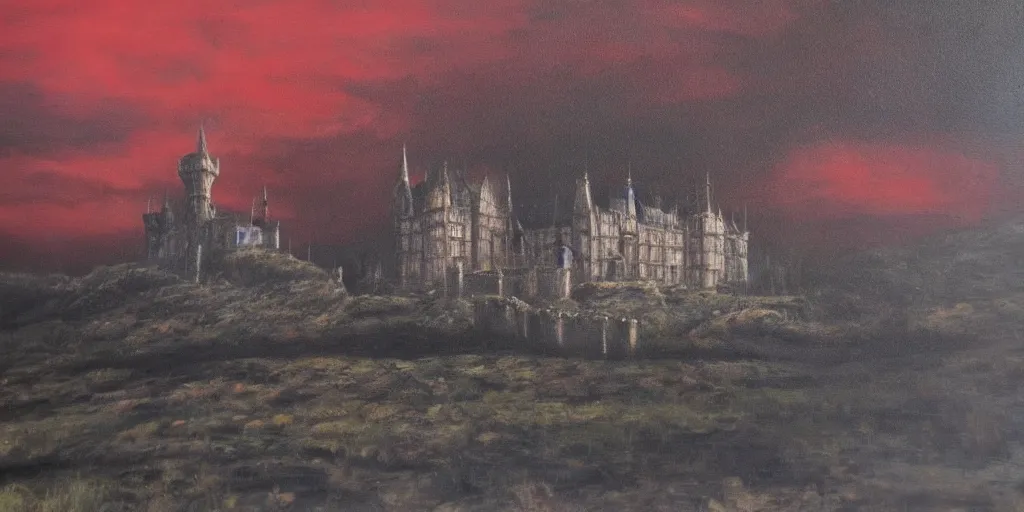 Image similar to a beautiful and gothic castle in the distance. Red sky. Dark ambient. Gothicpunk. Detailed oil on canvas. Art in style of Frances Ann Hopkins. High definition