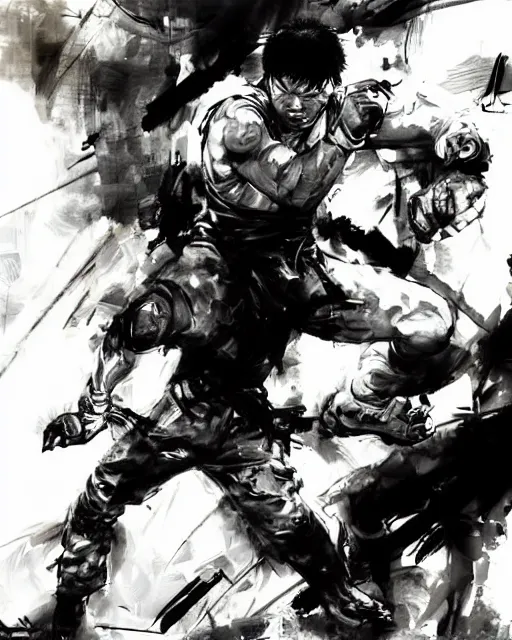 Prompt: Tony Jaa epic fight scene in the style of Yoji Shinkawa, in the style of leonard boyarsky, detailed realistic illustration