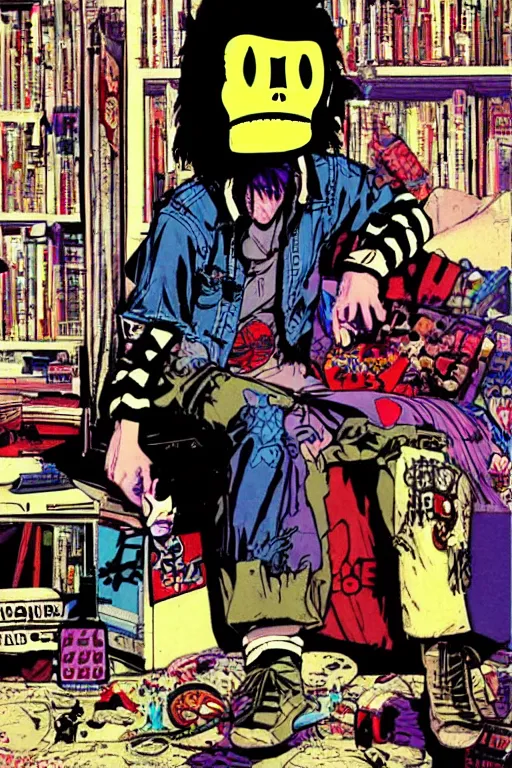 Image similar to nerdy goth guy, cluttered messy 9 0 s bedroom, by jamie hewlett, jamie hewlett art, vaporwave, 9 0 s aesthetic, 9 0 s vibe,