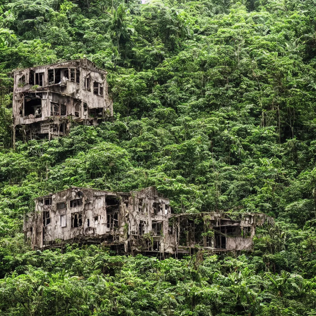 Prompt: Abandoned building in the rainforest, raining