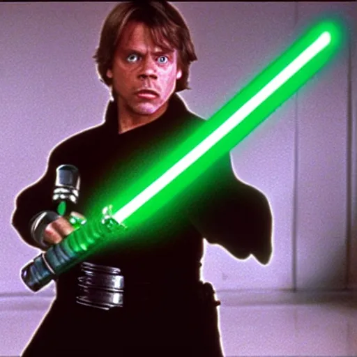 Image similar to a still from a film featuring clean shaven mark hamill as jedi master luke skywalker, holding a green lightsaber by the hilt, full body, 3 5 mm, directed by steven spielberg, 1 9 9 4