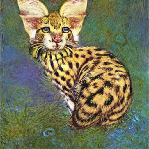 Prompt: fractal realistic noisy London prism serval pouf lily ivy , by Warwick Goble and Brian Froud and Claude Monet , postmodern , National Geographic photo , seapunk