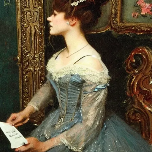 Image similar to victorian girl in ball gown absent - mind looking at her dance card, painting by alfred stevens