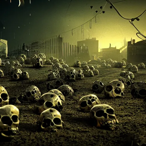 Prompt: ! dream hundreds of glowing skulls floating over the ground of a post - apocalyptic city, dark, horror, high detail, cinematic lighting, unreal engine