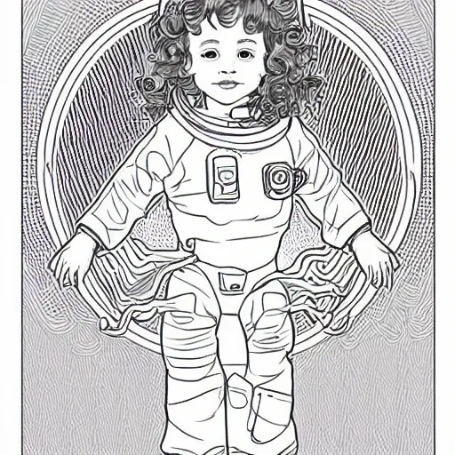 Prompt: clean simple line art of a cute little girl with short wavy curly hair. she is dressed as an astronaut. no background. well composed, clean coloring book page, beautiful detailed face. coloring book line art by artgerm and greg rutkowski and johanna basford and alphonse mucha