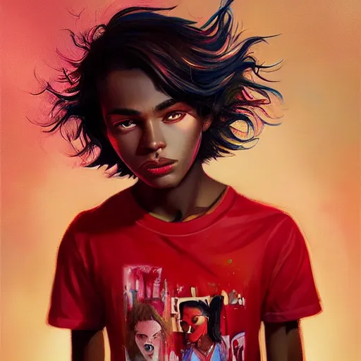 Image similar to colorful and festive captivating teenager with straight brown hair covering his eye, dark skin, big lips, big eyes, wearing a red t - shirt. rich vivid colors, ambient lighting, dynamic lighting, 4 k, atmospheric lighting, painted, intricate, highly detailed by charlie bowater