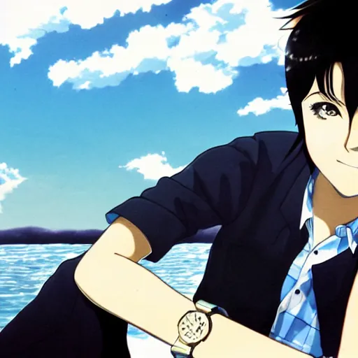 Prompt: anime illustration of young Paul McCartney from the Beatles, wearing a blue and white check shirt, silver sports watch, on a yacht at sea, relaxing and smiling at camera, white clouds, ufotable