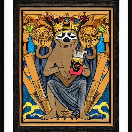 Image similar to sloth as the king of cups, coper crown, poster framed, intricate details, medieval art style, high contrast, posterized