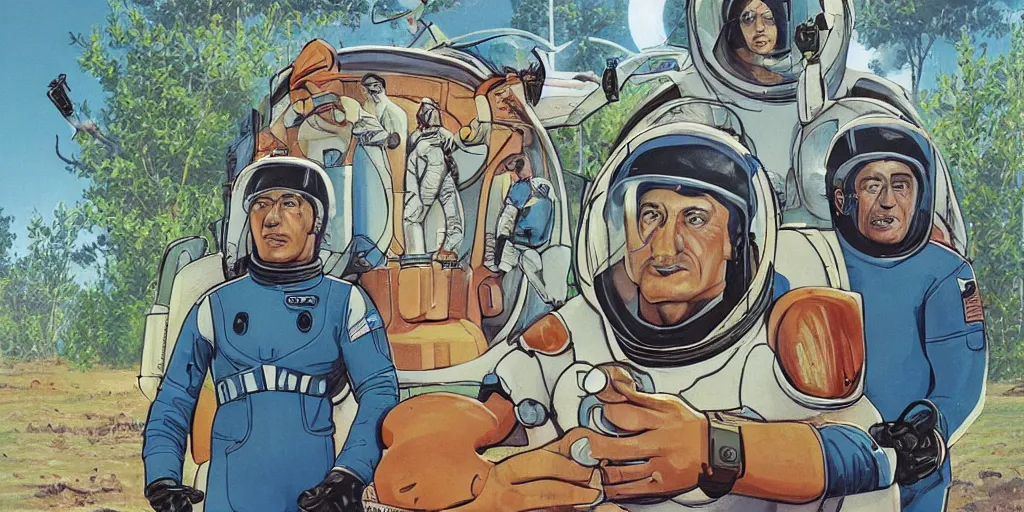 Image similar to a portrait of stallone and van damm pilots in spacesuit on field forrest spaceship station landing laying lake artillery outer worlds in FANTASTIC PLANET La planète sauvage animation by René Laloux