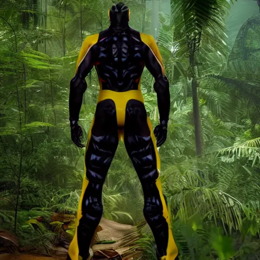 Image similar to « a person wearing yellow hazma suit, in a dark jungle, photorealistic, unreal engine 5, full body portrait, back view »