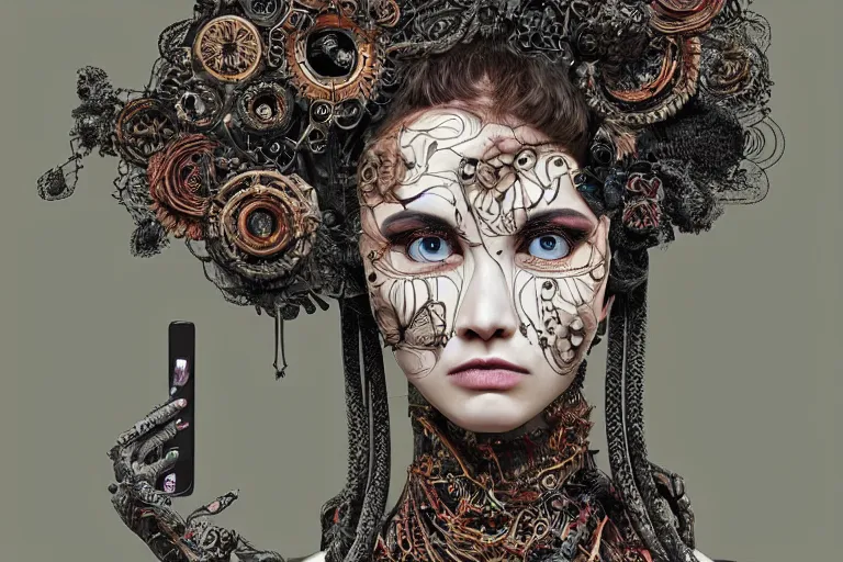 Image similar to beautifully stunning Rococopunk woman_integrating_with_technology_full_face_insipiring_detailed_intricate_ornate_cables_connected_to_head_big_open_electric_eyes_ the_singulairty is now by Hironaka, Harumi