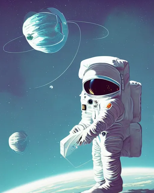 Image similar to a painting of an astronaut floating in space, poster art by mike winkelmann, behance contest winner, space art, sci - fi, poster art, 2 d game art