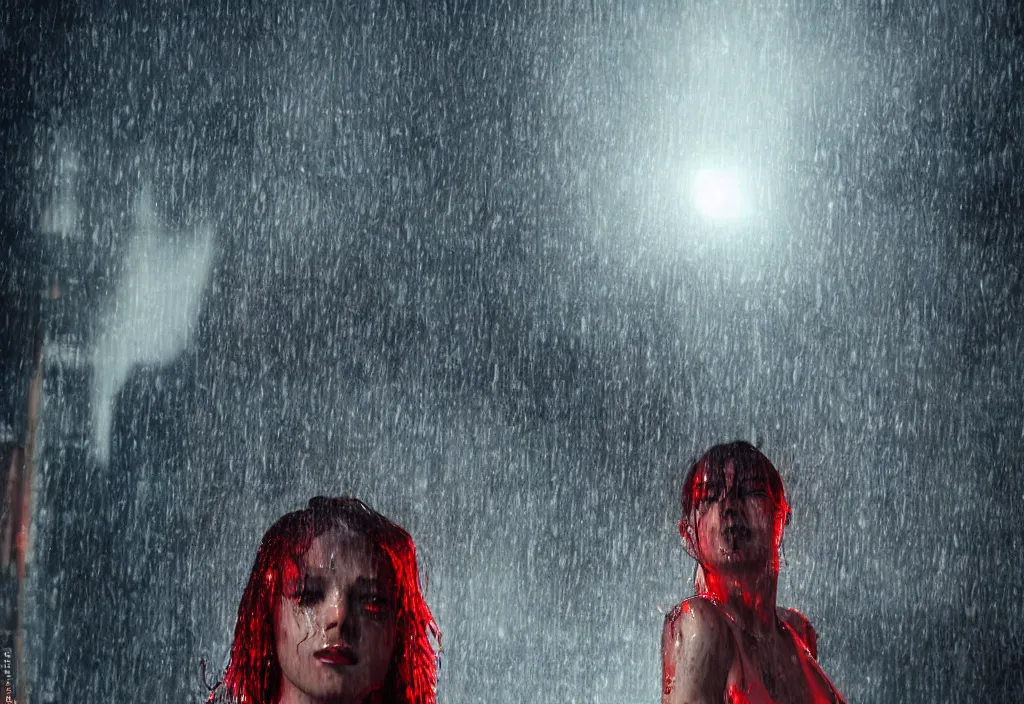 Prompt: hyperdetailed cinematic photo looking up from the ground at sexy girl wearing a see through white tank top and red mini skirt getting soaked in the rain using a wall mounted screen interface blade runner aesthetic