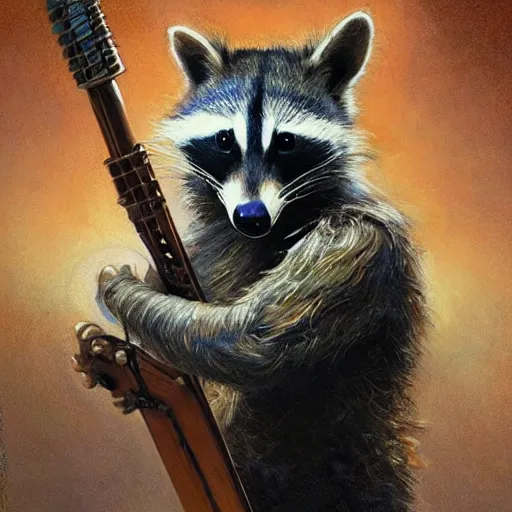 Prompt: humanoid racoon bard wearing tunic holding instrument, d & d, closeup portrait, art by donato giancola and greg rutkowski, vintage retro, realistic face, digital art, trending on artstation, symmetry!!