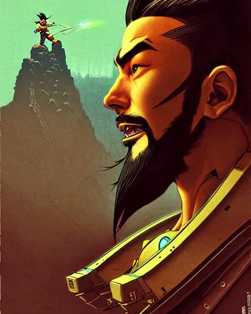 Image similar to hanzo from overwatch, character portrait, portrait, close up, concept art, intricate details, highly detailed, vintage sci - fi poster, retro future, vintage sci - fi art, in the style of chris foss, rodger dean, moebius, michael whelan, and gustave dore