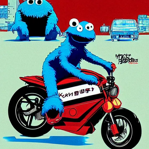 Image similar to illustration of cookie monster riding kaneda's motorcycle from akira by ilya kuvshinov katsuhiro otomo